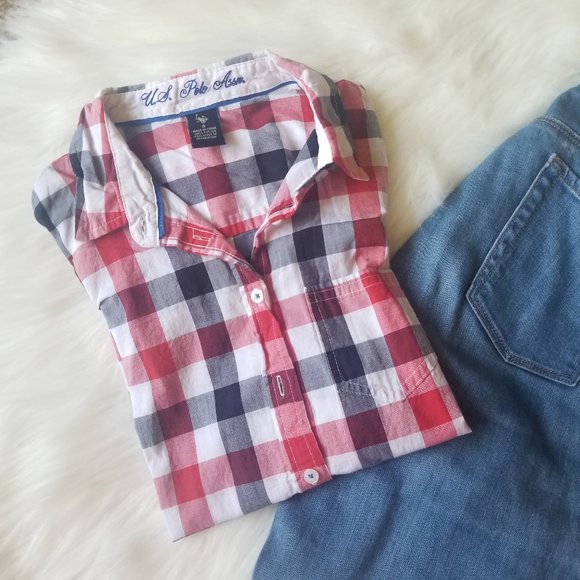 USPA plaid red white blue button down shirt with collar XS - Picture 1 of 3
